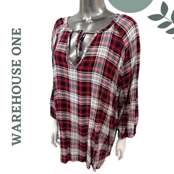 🛍️3/$40 Warehouse One Plaid Peasant Blouse – Red White Size 3X - Picture 2 of 5